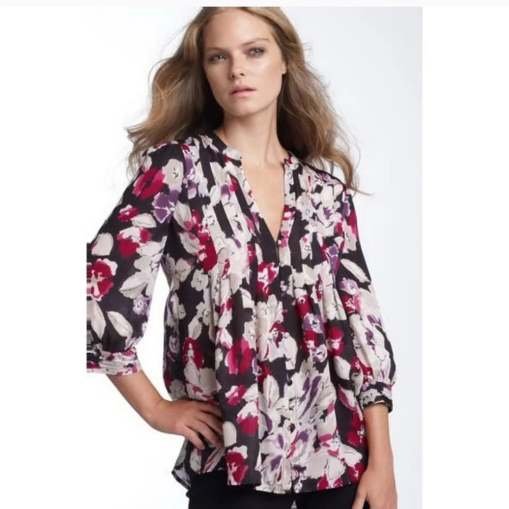 Joie Mesa Silk Floral Pintuck Loose Flowy Top M